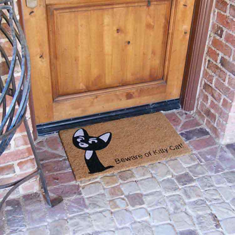 Beware of Kitty Cat Doormat with Wood Entrance Door