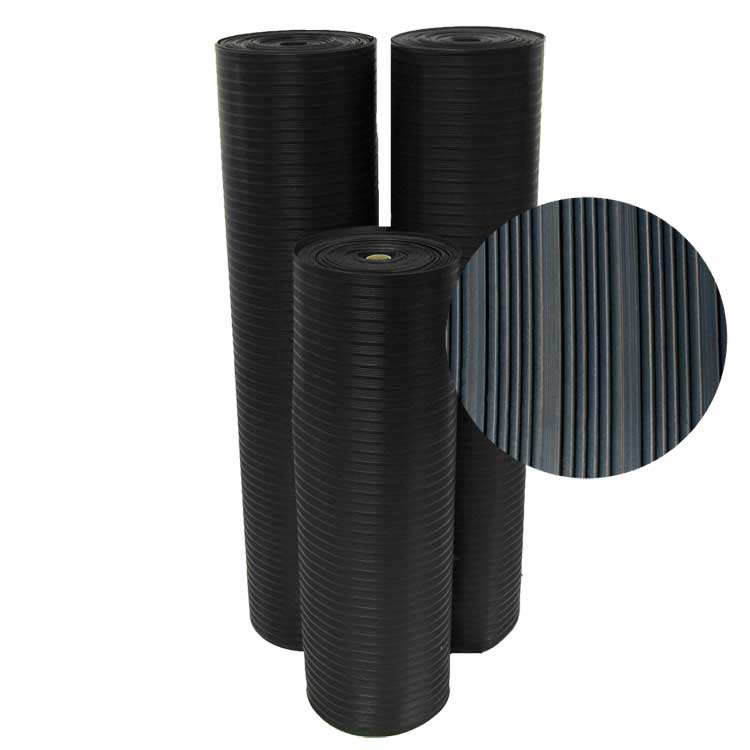 Vertically Standing Rolls of Black Corrugated Composite Rib Rubber Rolls Showcasing Different Widths