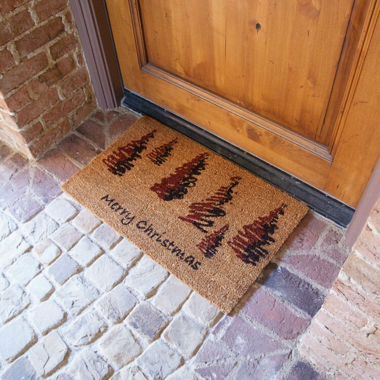 Outdoor Merry Christmas Coir Doormat with Scottish Fraser Fir Forest Design In Front of House Door