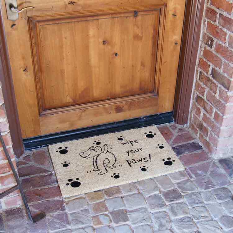 Wipe Your Paws Dog Doormat in Front of a Wood Door