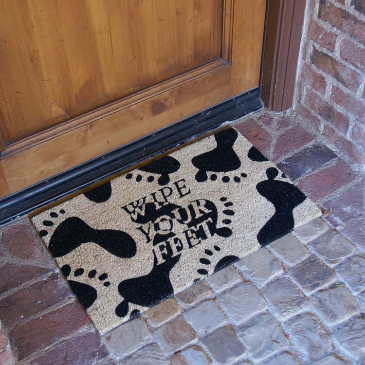 Wipe Your Feet, Please Doormat Side Angle on Brick Entrance