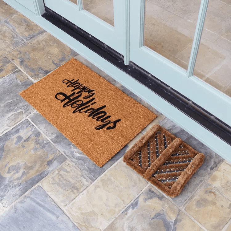 Happy Holidays to All Doormat Side Angle with Boot Scraper