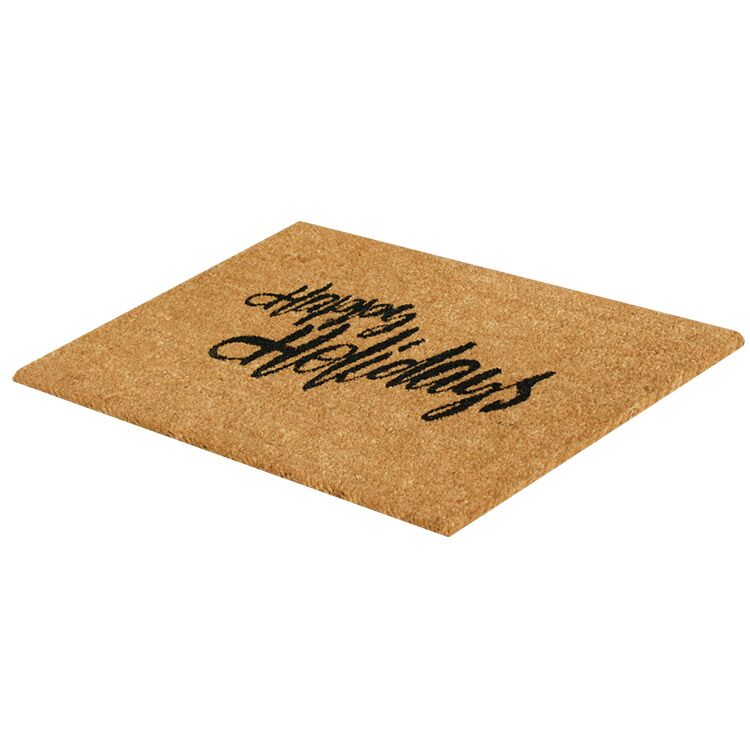 Side Product View of Christmas Coir Doormat with Happy Holidays to All Cursive Design