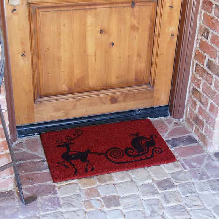 Rudolph The Red Nose Reindeer Holiday Doormat with Wood Entrance Door