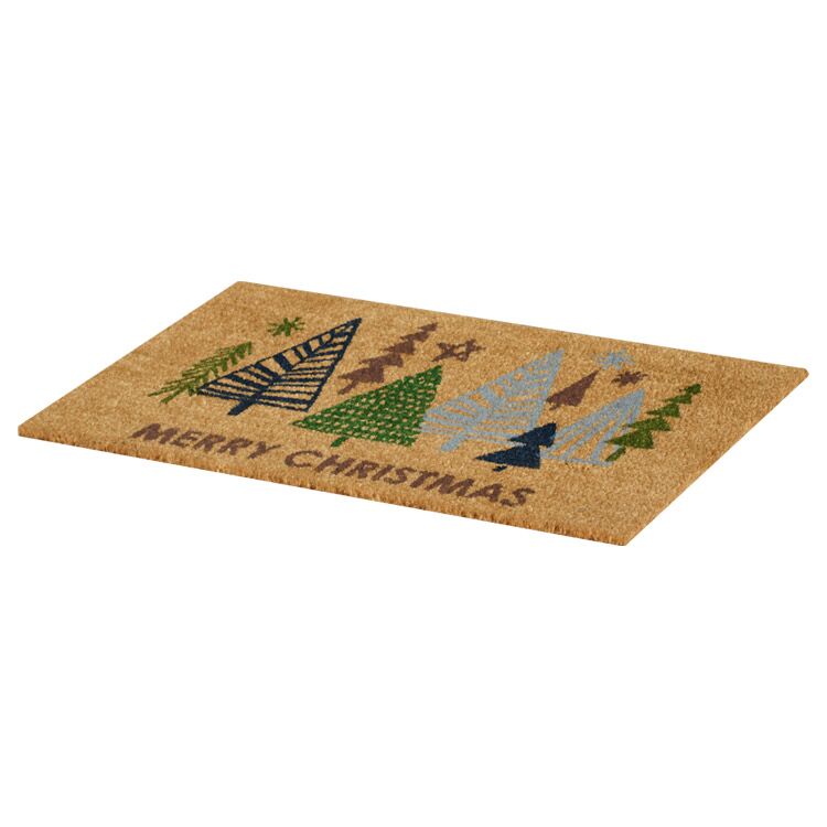 Side Product View of Outdoor Merry Christmas Coir Doormat with Christmas Tree Farm Design