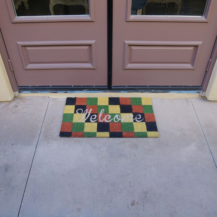 Checkerboard Welcome Coir Doormat with The Colors of Autumn design as Door Entrance Rug