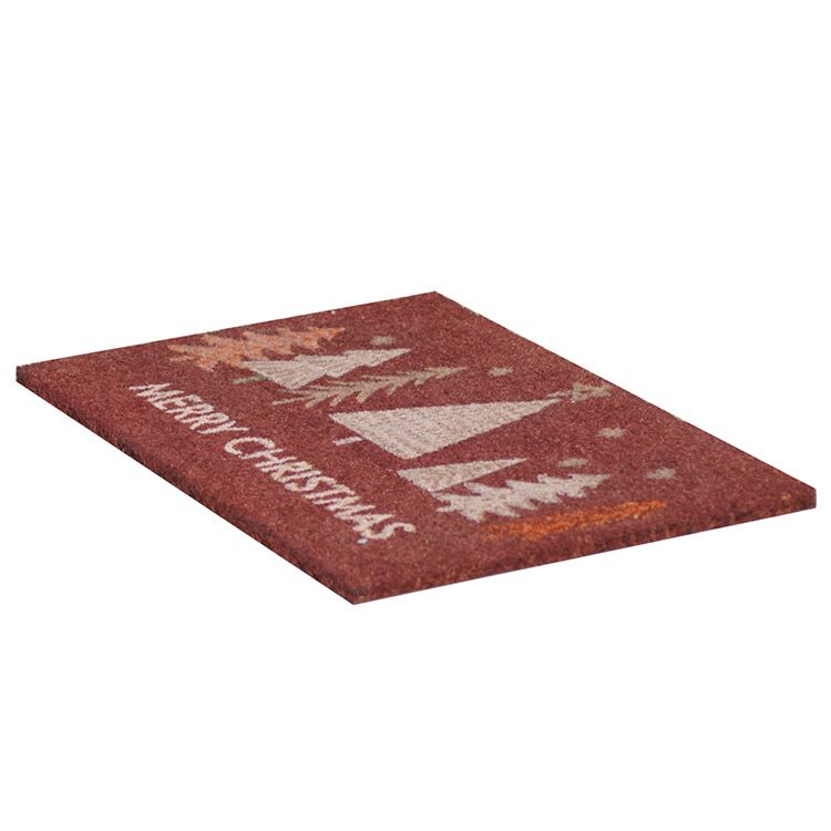 Side Product View of Vibrant Red Merry Christmas Coir Doormat with Christmas Trees Design