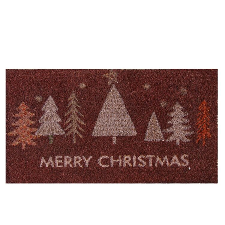 Full Product View of Vibrant Red Merry Christmas Coir Doormat with Christmas Trees Design Full Product View of Vibrant Red Merry Christmas Coir Doormat with Christmas Trees Design