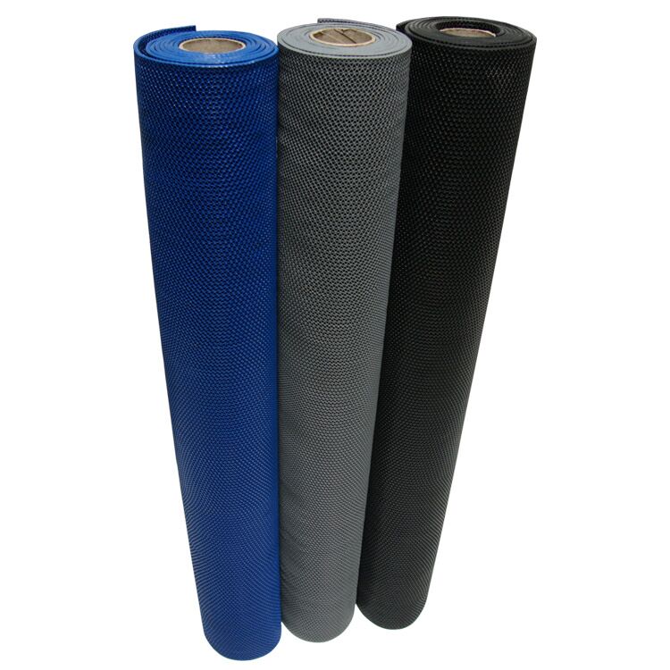 Three Vertically Standing Rolls of S-Grip PVC Drainage Mats in the Colors of Blue, Gray, and Black