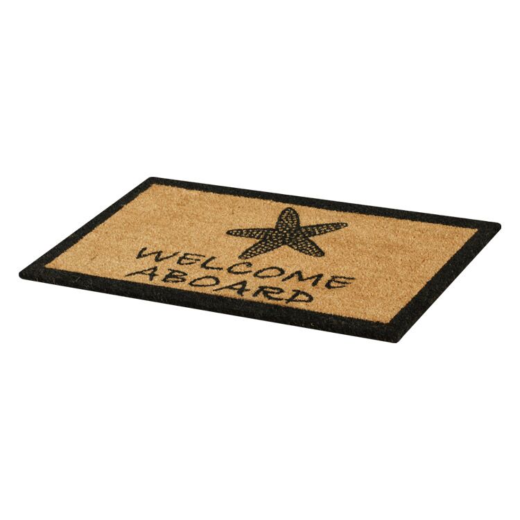 Side Product View of Welcome Aboard Coir Doormat with Seaside Shell Shack Design