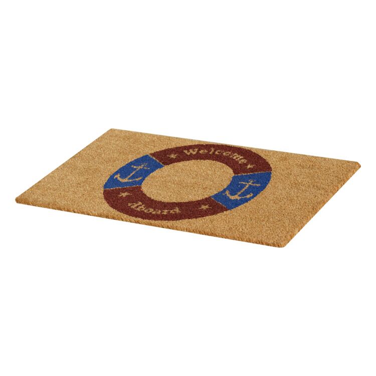 Angled Side View of A Doormat with a Red and Blue Life Buoy Design in the Middle