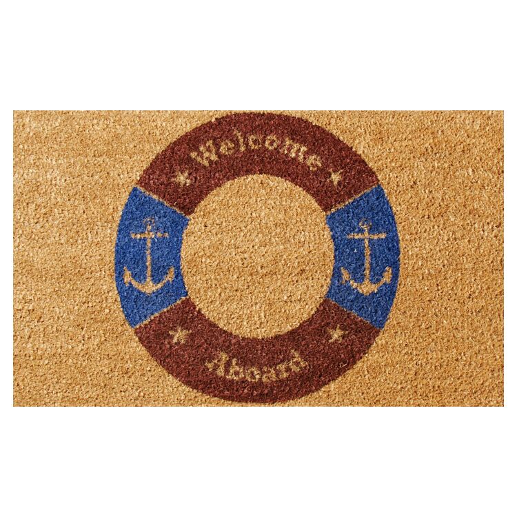 Top View of A Doormat with a Red and Blue Life Buoy Design in the Middle Top View of A Doormat with a Red and Blue Life Buoy Design in the Middle