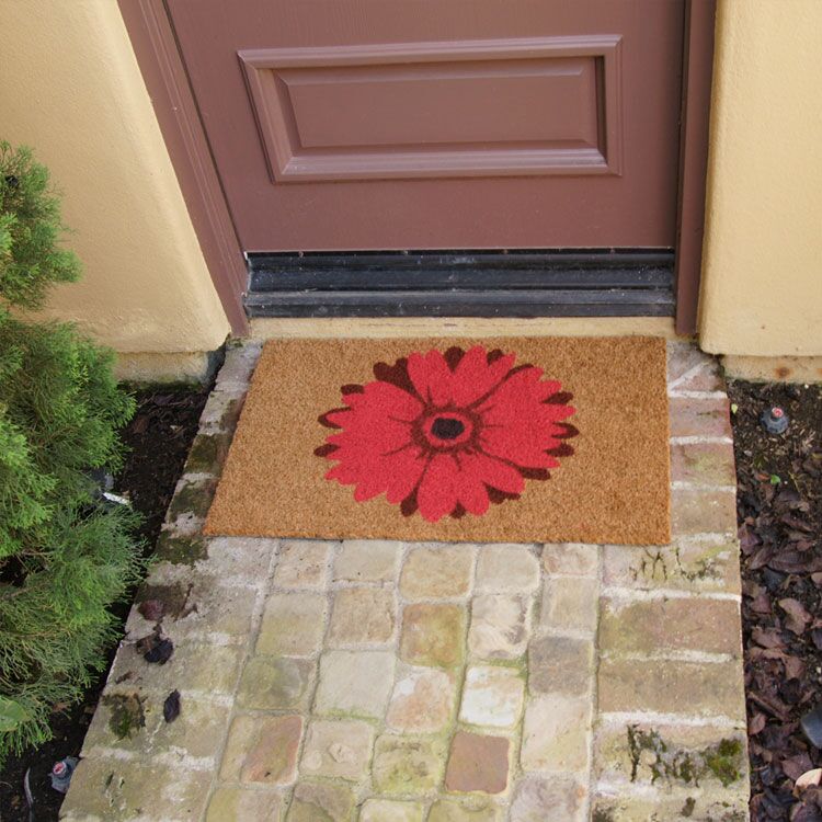 Red Daisy a Flower Door Mat with Brown Entrance Door