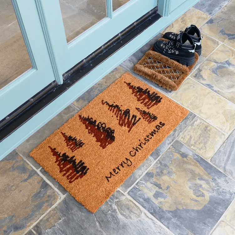 Scottish Fraser Fir Forest Christmas Doormat Side Angle with Boot Scraper and Boots