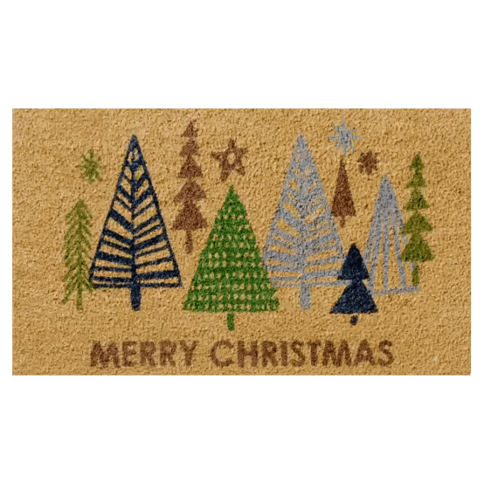 Brown Doormat that Has Many Different Drawings of Christmas Trees on It, and Bottom Text Says Brown Doormat that Has Many Different Drawings of Christmas Trees on It, and Bottom Text Says