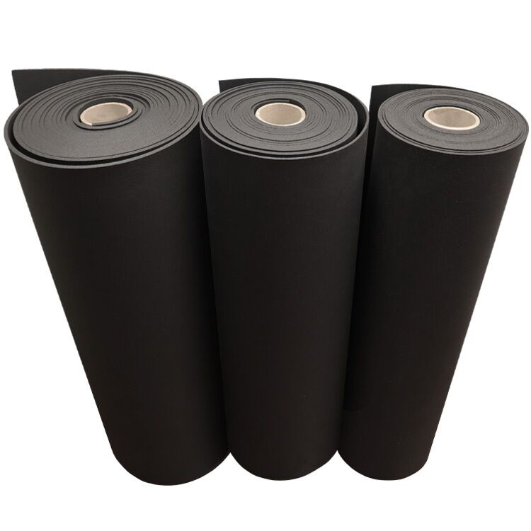 Three Vertically Standing Black Colored Elephant Bark Recycled Rubber 48in x 50ft Roll Three Vertically Standing Black Colored Elephant Bark Recycled Rubber 48in x 50ft Roll